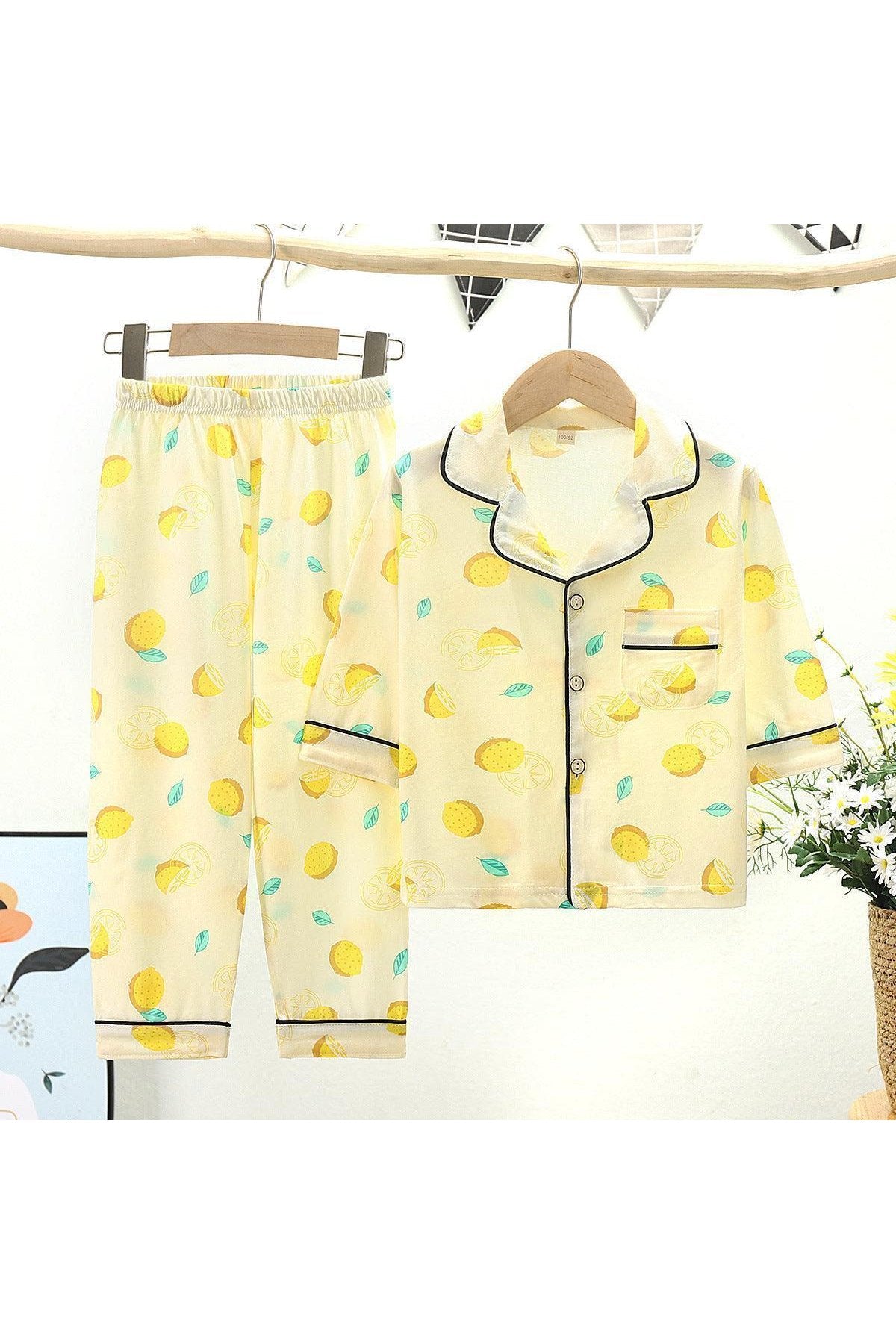 Cotton Kids Lapel Pajamas Set With Three Quarter Sleeves