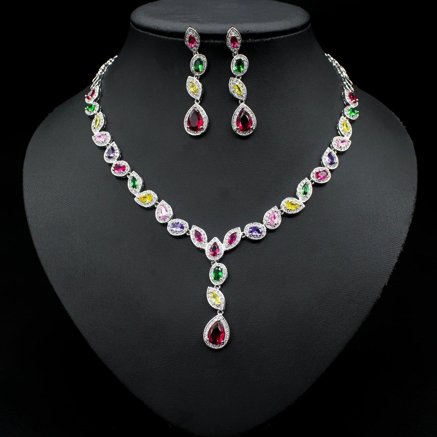 Colorful Zircon Necklace Wedding Three-piece Set - HEPSIBAH SHOP