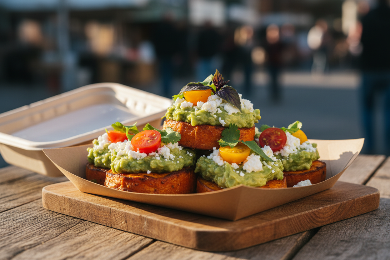 Crispy roasted sweet potato slices topped with creamy avocado, crumbly feta, and fresh tomatoes.