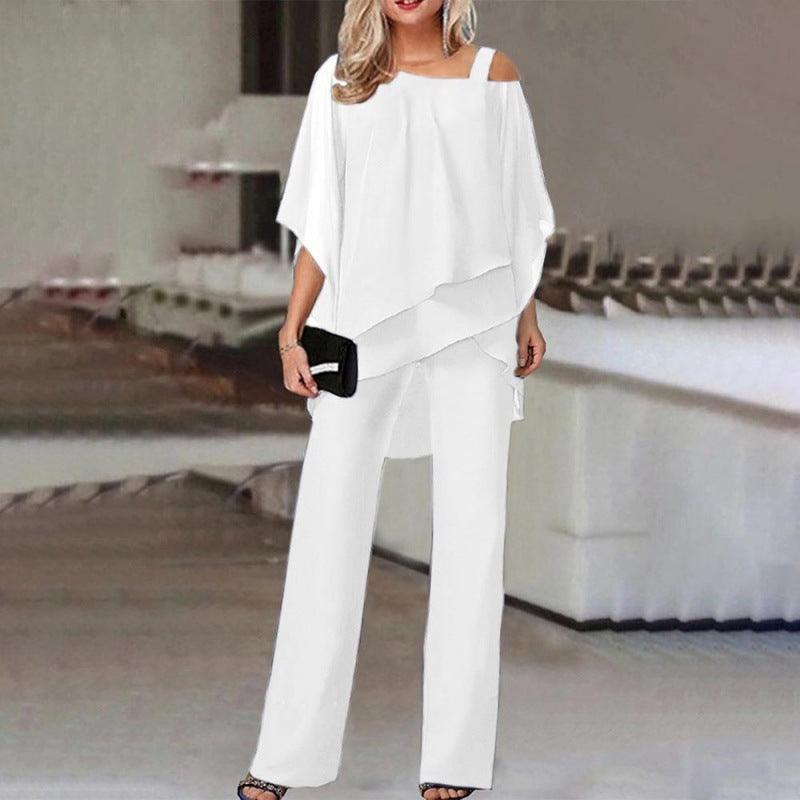 Solid Loose Irregular Suits Batwing Sleeve Top And Straight Trousers Outfits Womens Clothing - HEPSIBAH SHOP