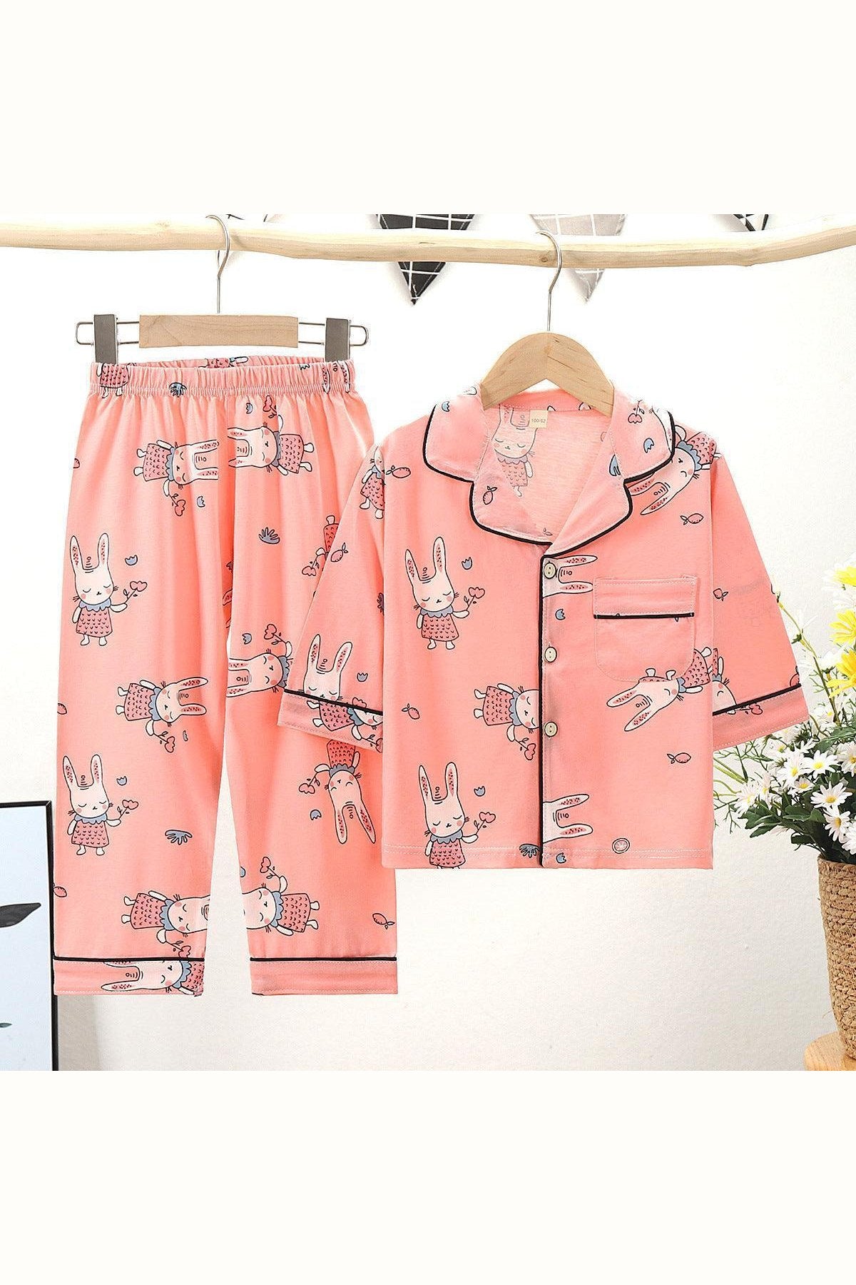 Cotton Kids Lapel Pajamas Set With Three Quarter Sleeves