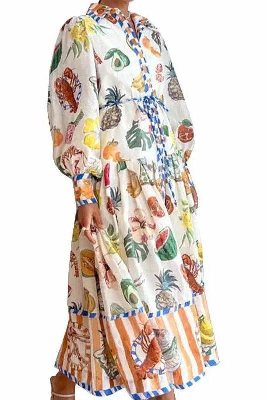 Elegant Lantern Sleeve Printed Long Lapel And Waist Tight Long Sleeve Dress - HEPSIBAH SHOP