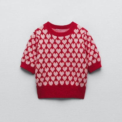 Sweet Red Heart-shaped Round Neck Sweater - HEPSIBAH SHOP