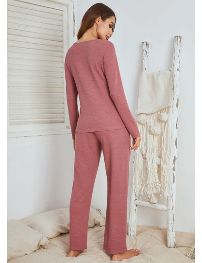 Waffle Long Sleeve Long Pajamas Women's Suit