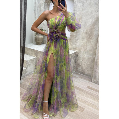 Mesh Tie-dye Printed Off-shoulder Slit Dress Summer INS Fashion Long Dress Party Womens Clothing - HEPSIBAH SHOP