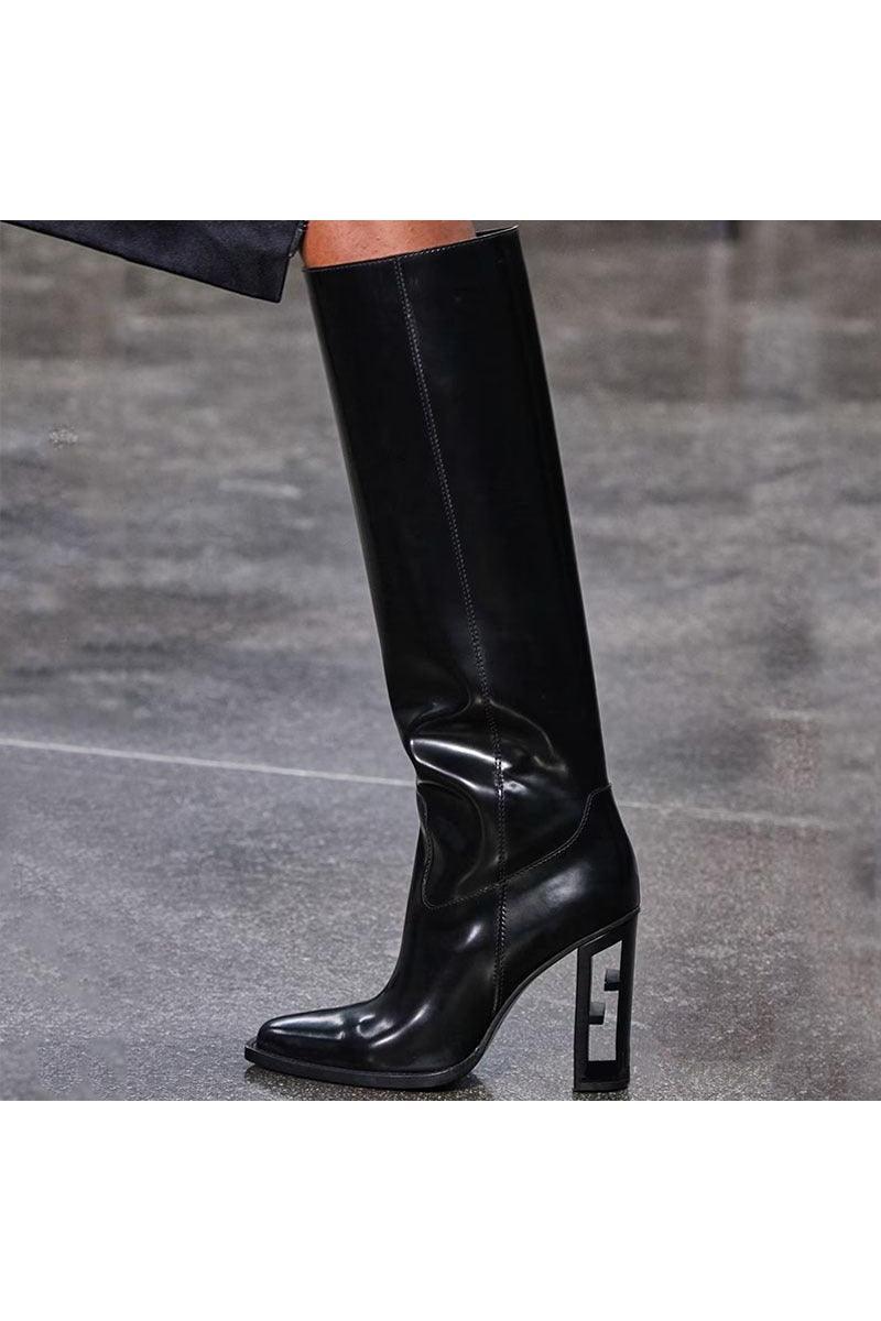 Square Toe Hollow-out Chunky Heel Cowhide Commuter Long Fashion Boots - HEPSIBAH SHOP