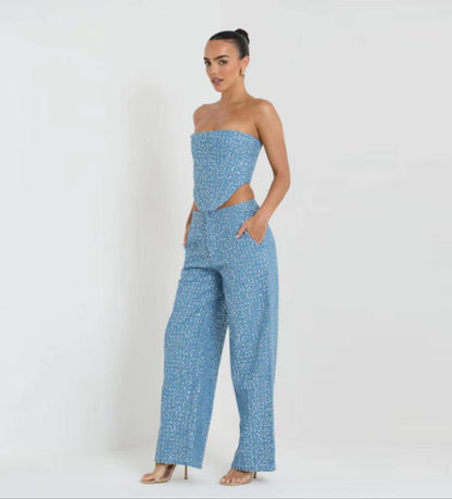 Fashion Denim Sequined Tube Top Wide Leg Pants Suit - HEPSIBAH SHOP