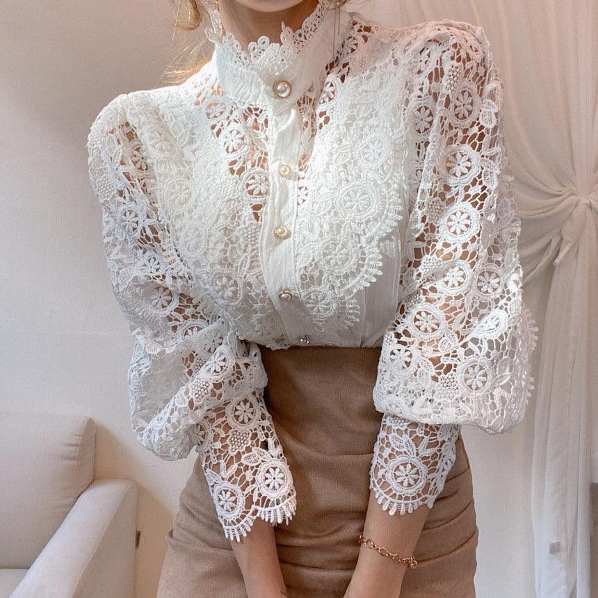 Lace Shirt Pearl Button Top - HEPSIBAH SHOP