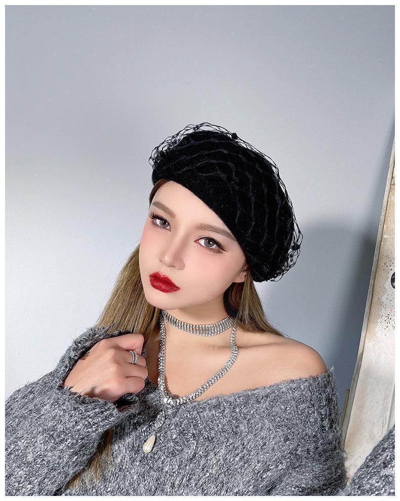 Vintage French Mesh Veil Pom Pom Versatile Wool Beret - HEPSIBAH SHOP