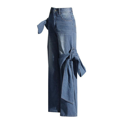 Women's Washed Distressed Stitching Bow Wide Leg Jeans - HEPSIBAH SHOP