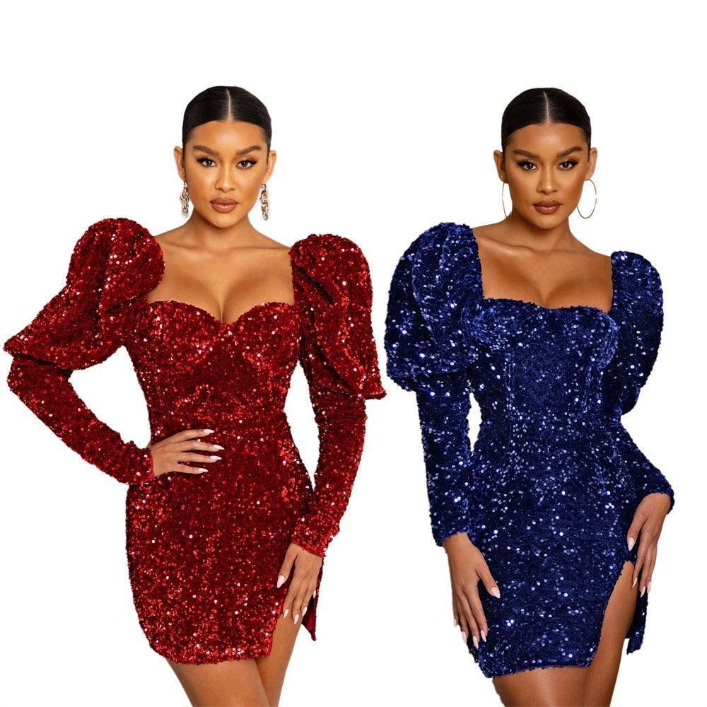 Sequined Backless Padded Shoulder Puff Sleeve Party Women's Dress - HEPSIBAH SHOP