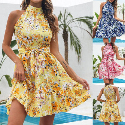 New Flowers Print Halterneck Dress Summer Fashion Temperament Lace-up Ruffled Dresses For Women - HEPSIBAH SHOP