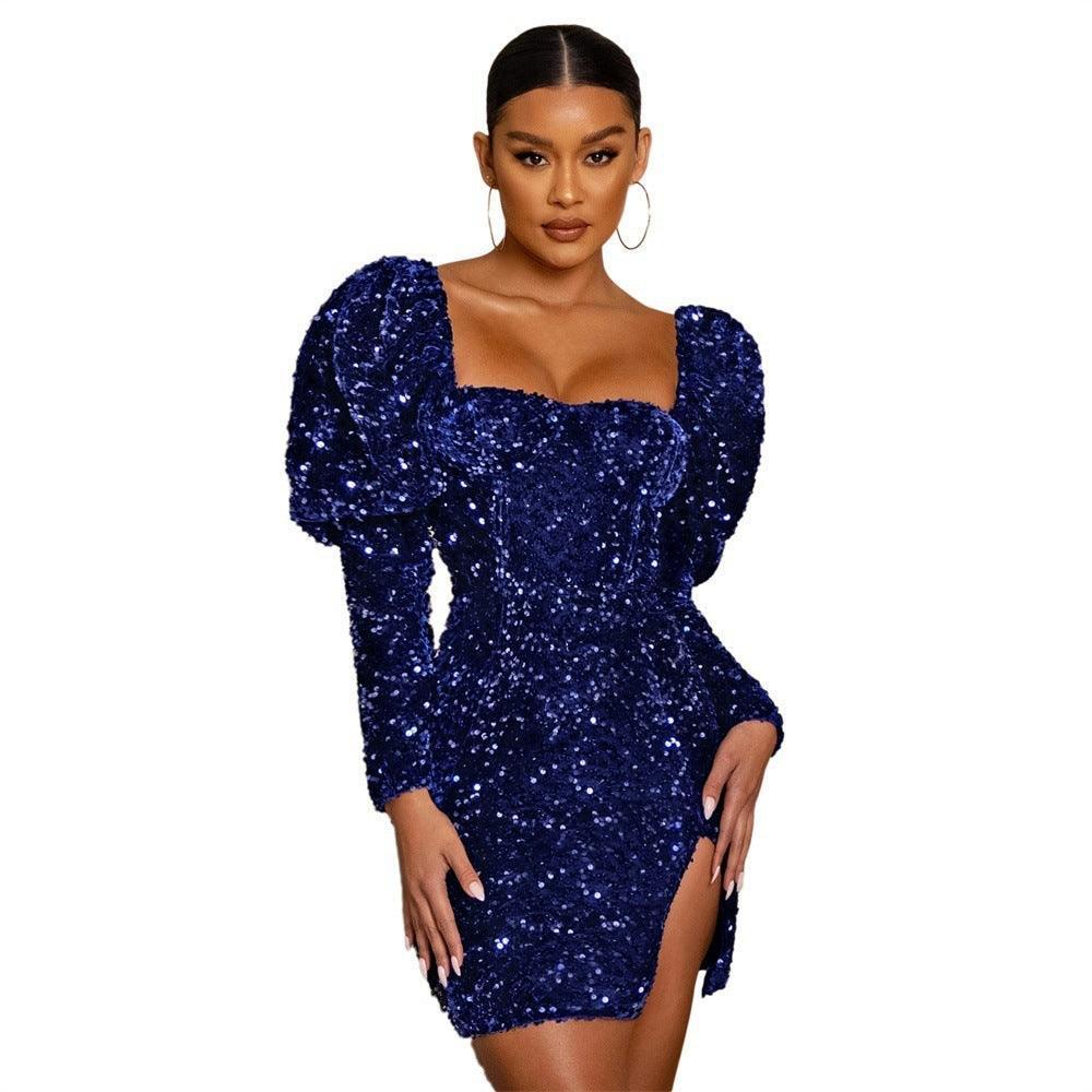 Sequined Backless Padded Shoulder Puff Sleeve Party Women's Dress - HEPSIBAH SHOP