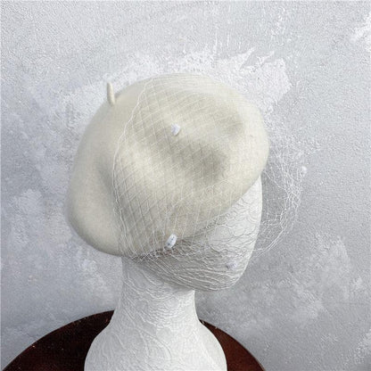 Vintage French Mesh Veil Pom Pom Versatile Wool Beret - HEPSIBAH SHOP