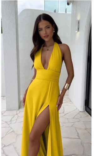 Sexy Halterneck V-neck Slit Dress Summer Backless Strappy Skirt Fashion Temperament Clothing Women - HEPSIBAH SHOP