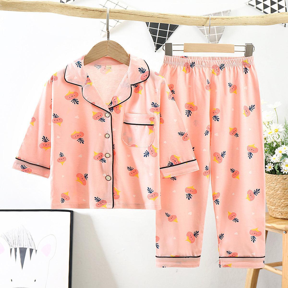 Cotton Kids Lapel Pajamas Set With Three Quarter Sleeves