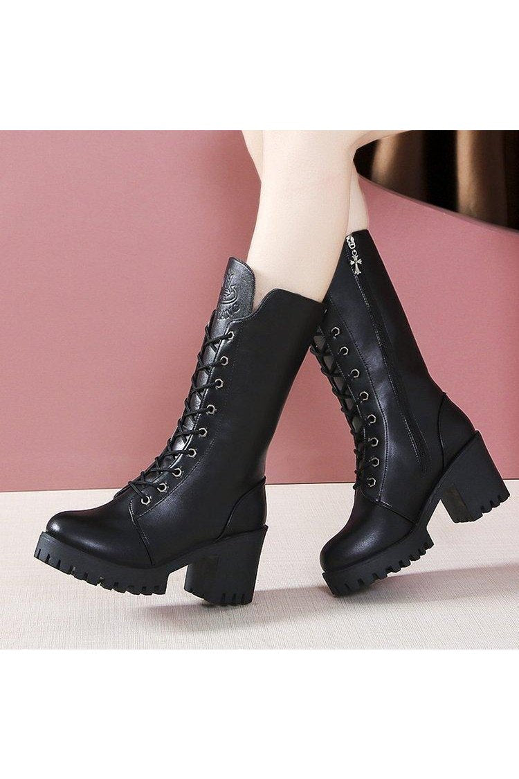 Cross Strap High Heel Short Plush Wedge Round Head Middle Boots - HEPSIBAH SHOP