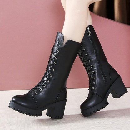 Cross Strap High Heel Short Plush Wedge Round Head Middle Boots - HEPSIBAH SHOP