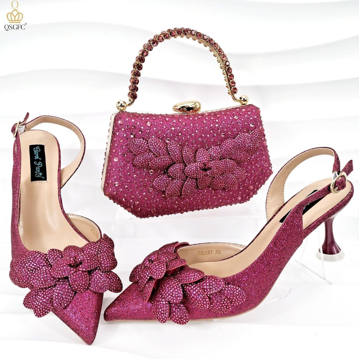 Cross-border Ladies Party Shoes Bag Set Handmade Leaf Decorative Wine Glass Heel - HEPSIBAH SHOP