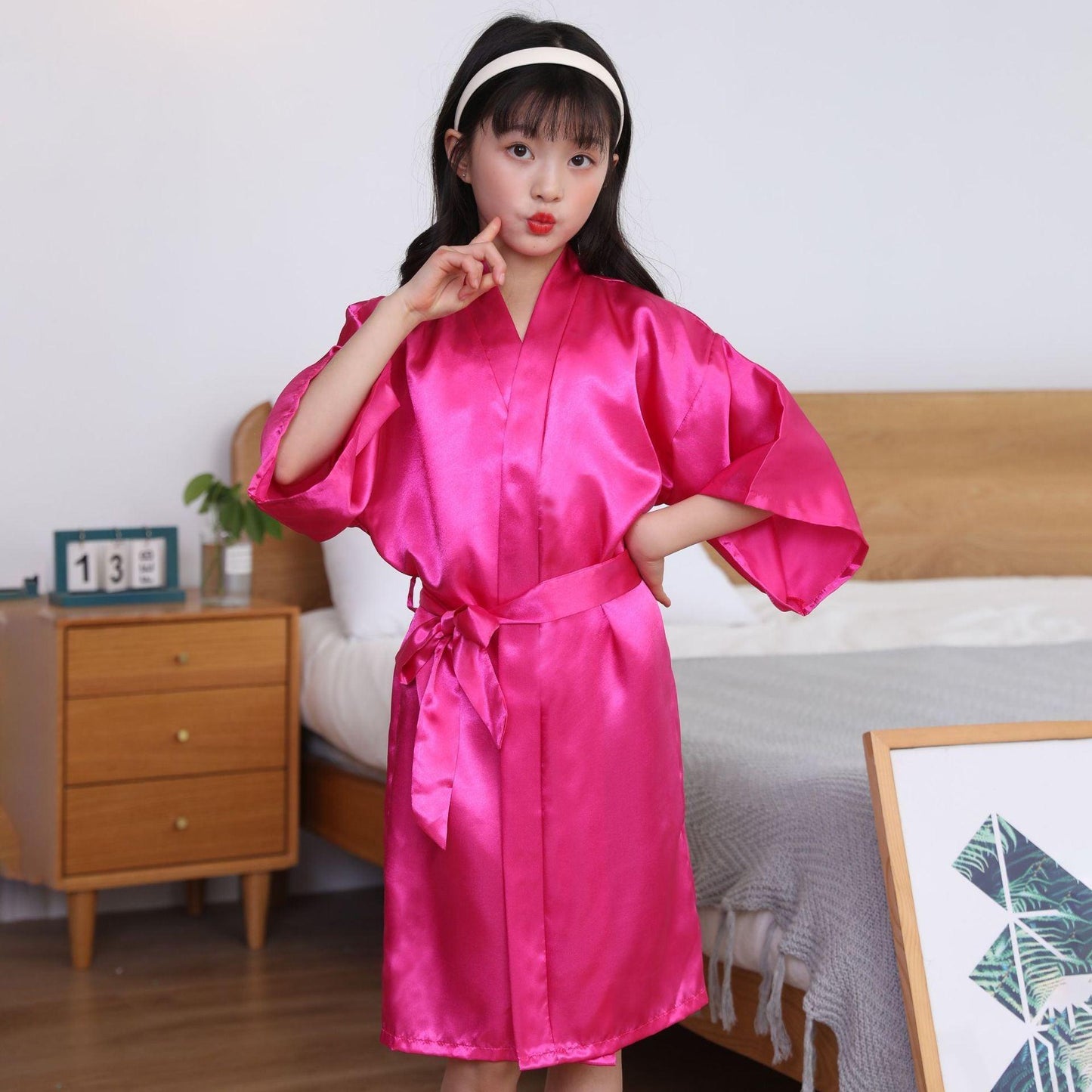 Children's Solid Color Dressing Gown Silk Nightgown Skirt Satin Bathrobe Long Cardigan Kimono - HEPSIBAH SHOP