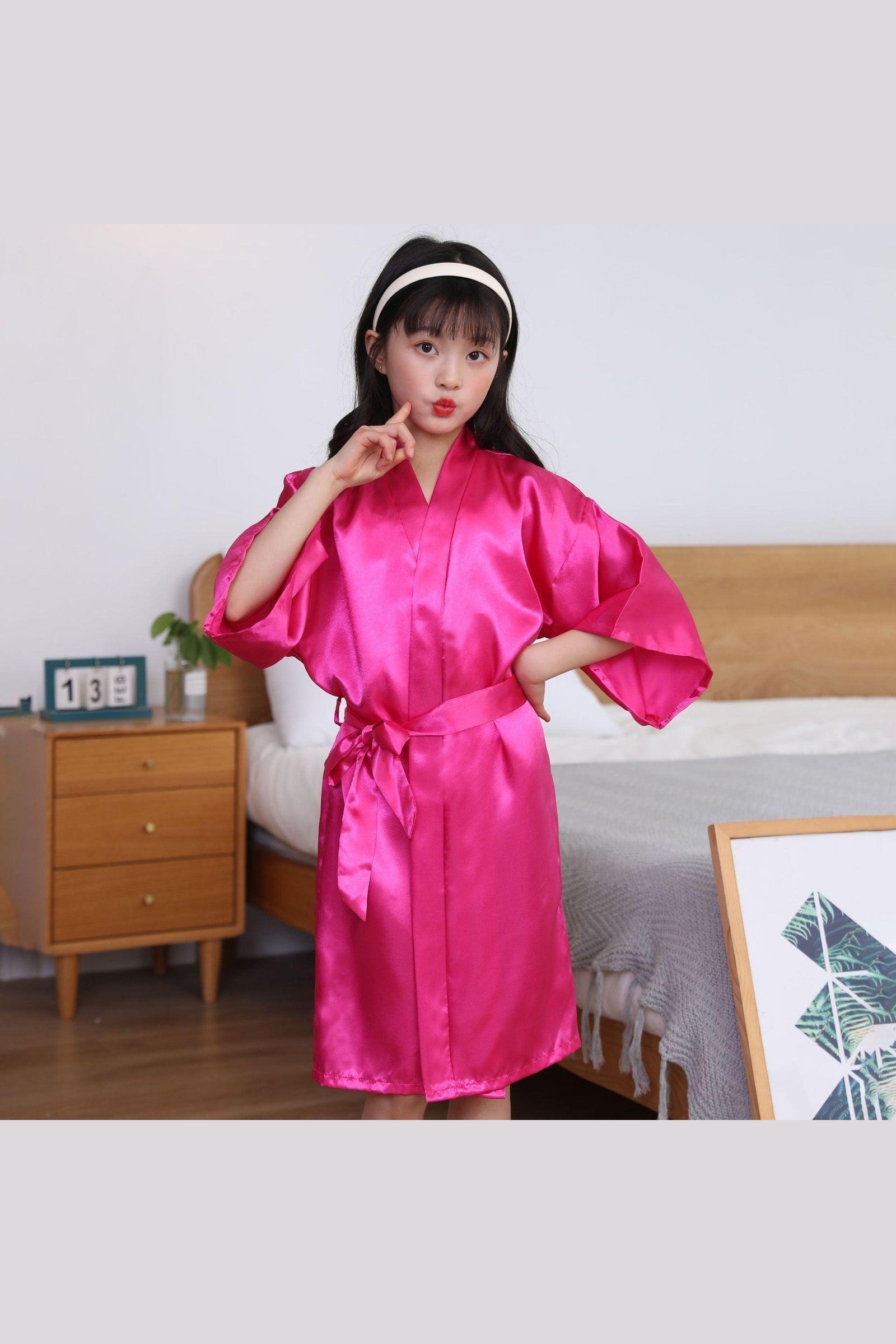 Children's Solid Color Dressing Gown Silk Nightgown Skirt Satin Bathrobe Long Cardigan Kimono - HEPSIBAH SHOP