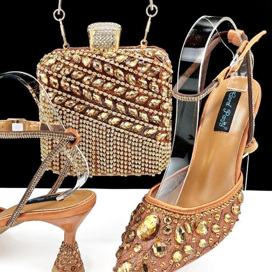 Large Rhinestone High Heel Sandals Three-dimensional Tassel Handbag Set - HEPSIBAH SHOP