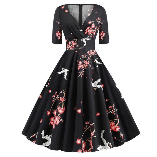 Green Solid Rockabilly S Vintage Ruched V Neck Party Dresses - HEPSIBAH SHOP