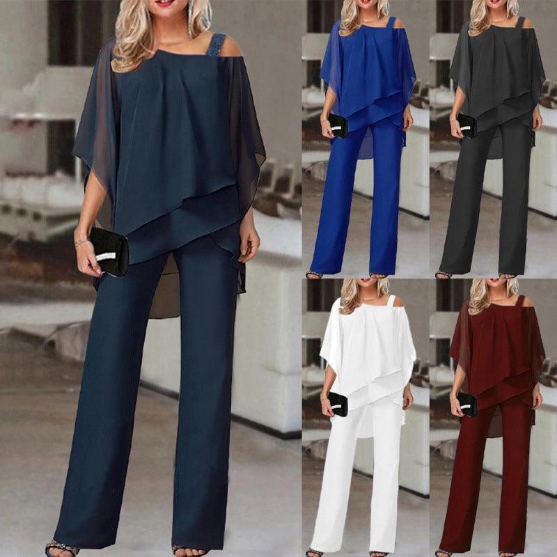 Solid Loose Irregular Suits Batwing Sleeve Top And Straight Trousers Outfits Womens Clothing - HEPSIBAH SHOP