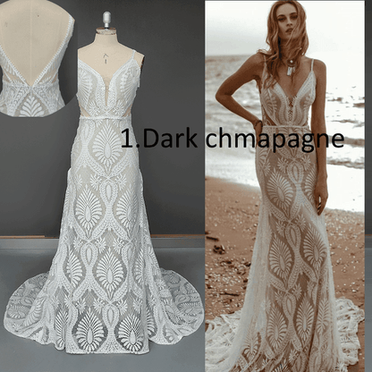 Vestido Bohemian Wedding Dress V Neck Lace - HEPSIBAH SHOP