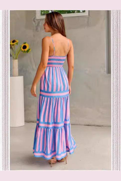 Summer Striped Printed Suspender Long Dress With Pockets Fashion Square Neck Backless Dresses For Beach Vacation Women Clothing - HEPSIBAH SHOP