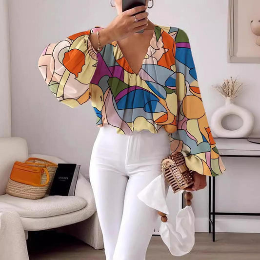 Women's Loose Fashion Printing V-neck Long Sleeve Shirt - HEPSIBAH SHOP