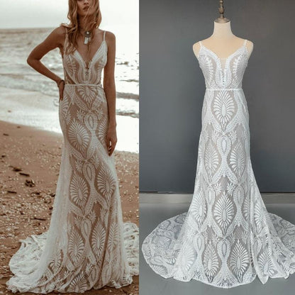 Vestido Bohemian Wedding Dress V Neck Lace - HEPSIBAH SHOP