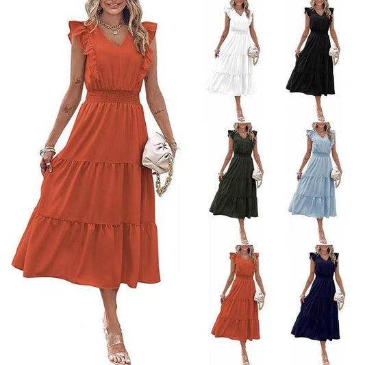 New Ruffled Sleeveless V-Neck Dress Summer Fashion Elastic Waist A-Line Dresses For Womens Clothing - HEPSIBAH SHOP