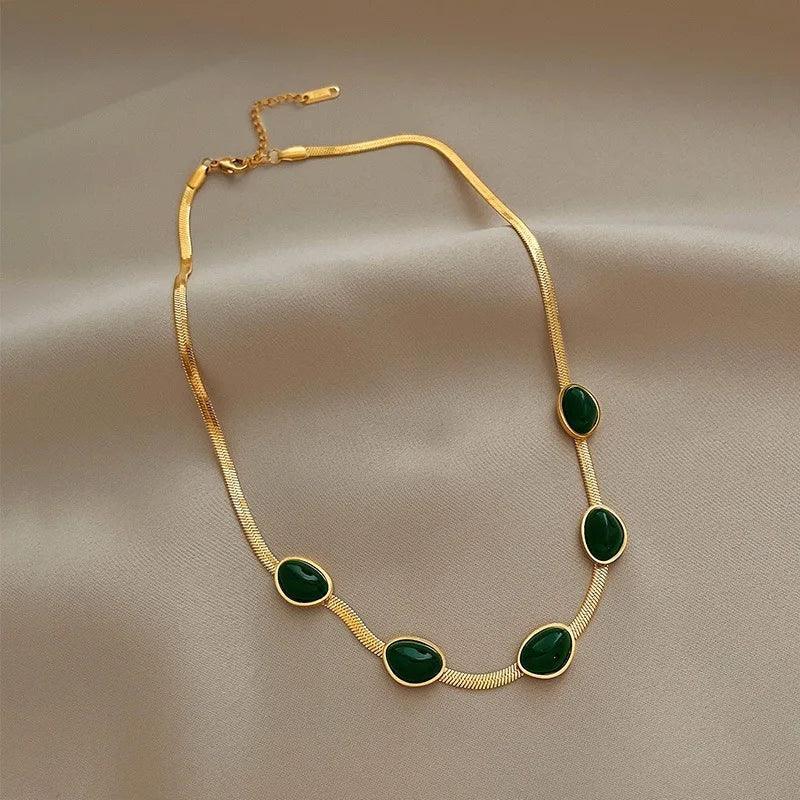 Fashion Jewelry Green Stone Crystal Snake Chain Necklace - HEPSIBAH SHOP