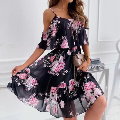 Flower Printed Ruffled Suspender Dress Summer Off-the-shoulder Strap Dresses Women - HEPSIBAH SHOP