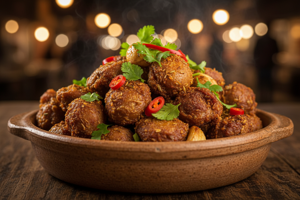Grilled chicken gizzards in a rustic bowl with herbs and chilli