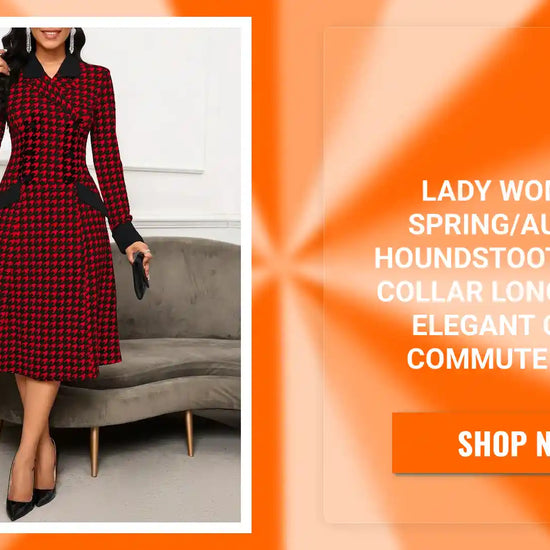 Lady Women&#039;s Spring/Autumn Houndstooth Lapel Collar Long Sleeve Elegant Office Commute Dress by@Outfy