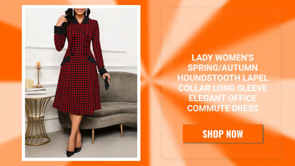 Lady Women&#039;s Spring/Autumn Houndstooth Lapel Collar Long Sleeve Elegant Office Commute Dress by@Outfy