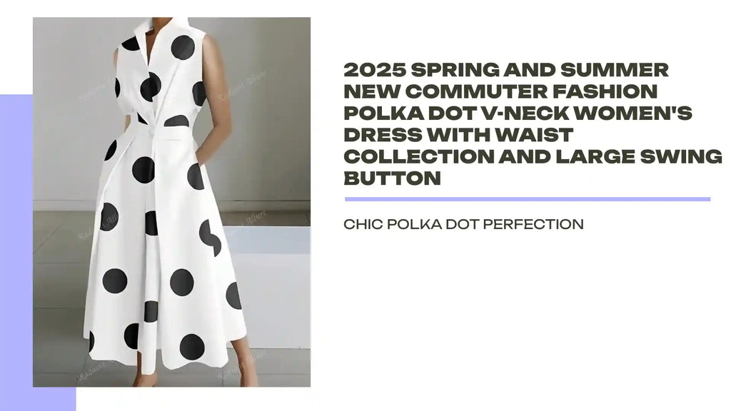 2025 Spring And Summer New Commuter Fashion Polka Dot V-Neck Women's Dress With Waist Collection And Large Swing Button by@Outfy