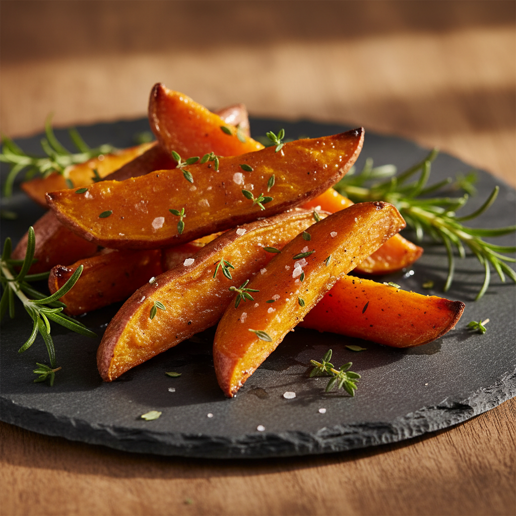 Crispy roasted sweet potato slices topped with creamy avocado, crumbly feta, and fresh tomatoes.