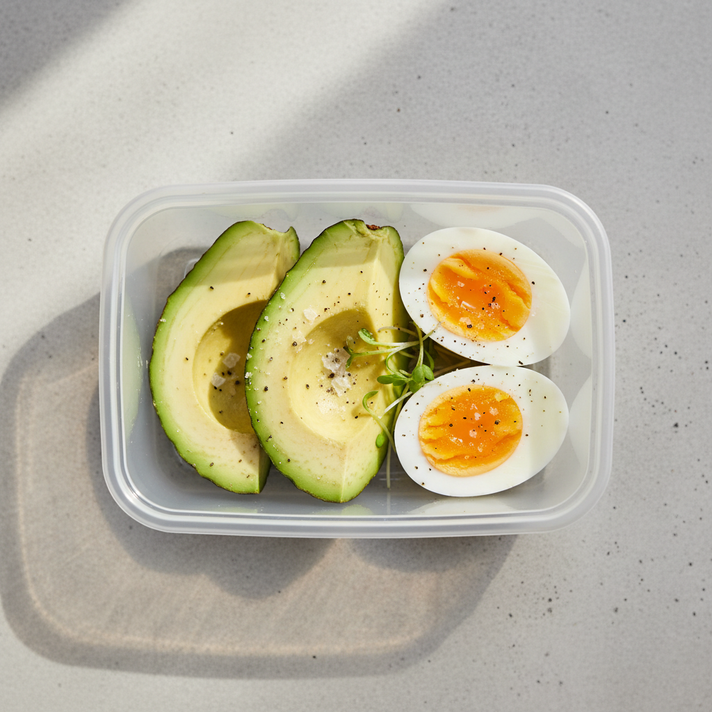 two slices of avocado with a hardboiled egg.