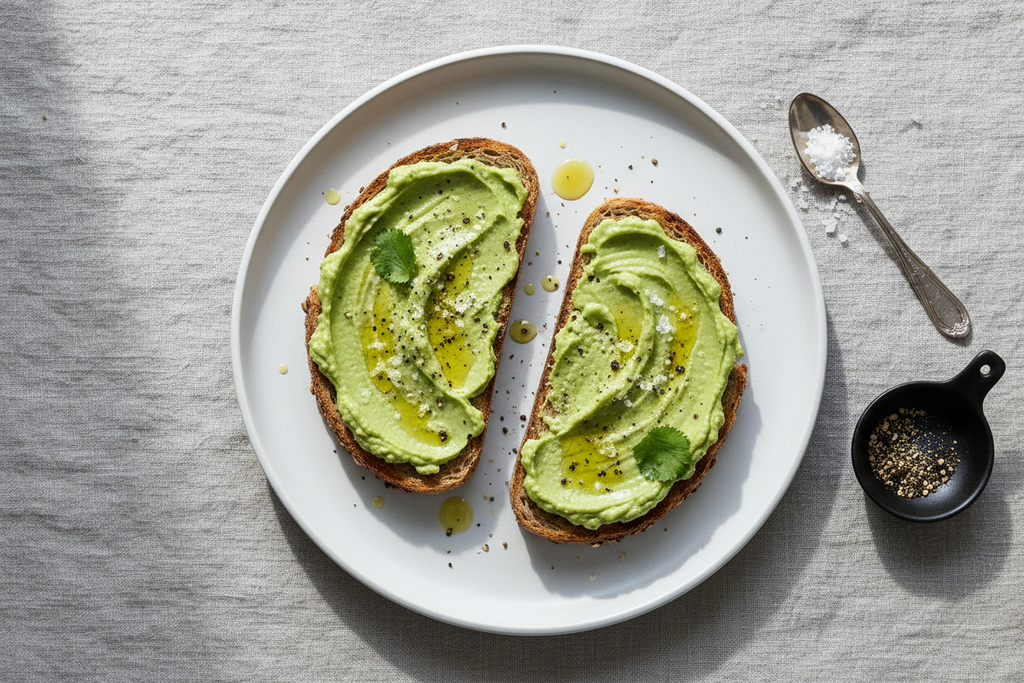 two slices of wholegrain toast with olive oil-based spread or avocado