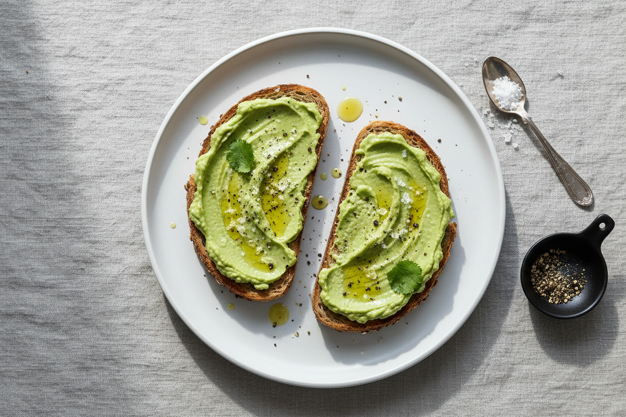 two slices of wholegrain toast with olive oil-based spread or avocado
