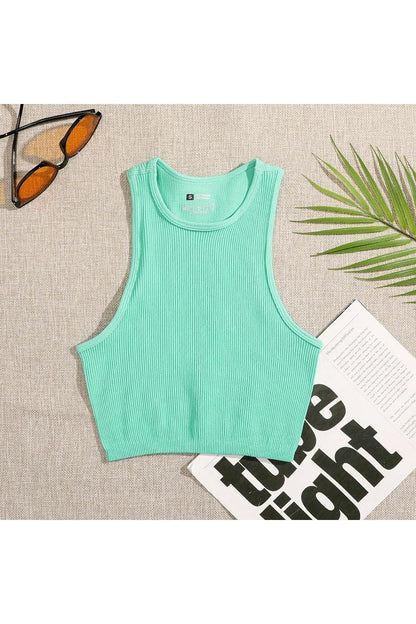 Crop Top Women Solid T-shirts Vest Elastic Rib-Knit - HEPSIBAH SHOP