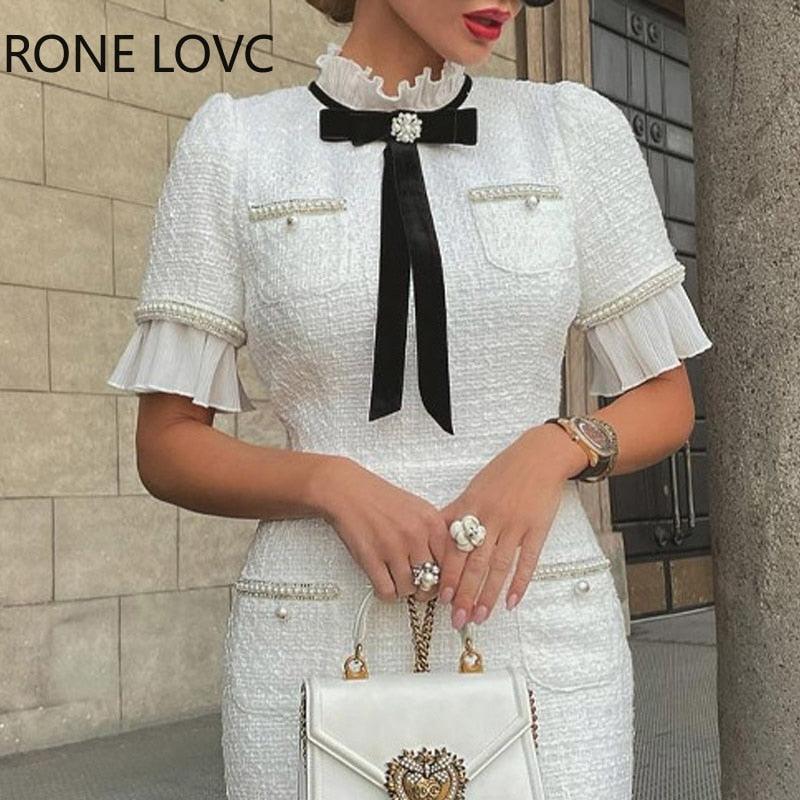 Women Elegant Round Neck Short Sleeves Bow Ruffle Hem Beaded Formal Fragrant Breeze White Dress - HEPSIBAH SHOP