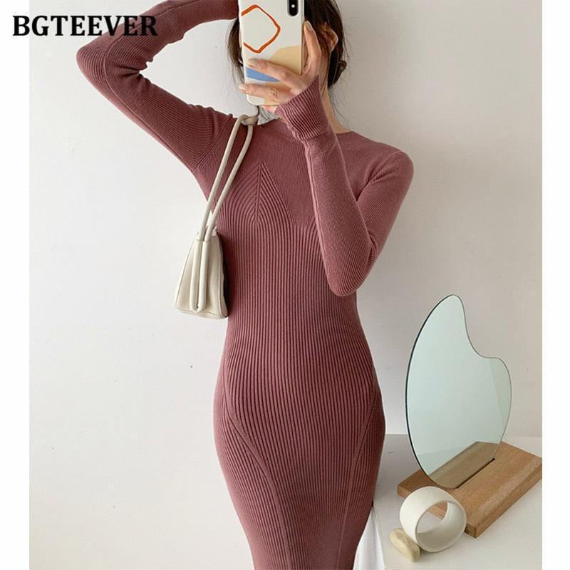 BGTEEVER O-neck Slim Sweaters Bodycon Knitted Dress for Women - HEPSIBAH SHOP