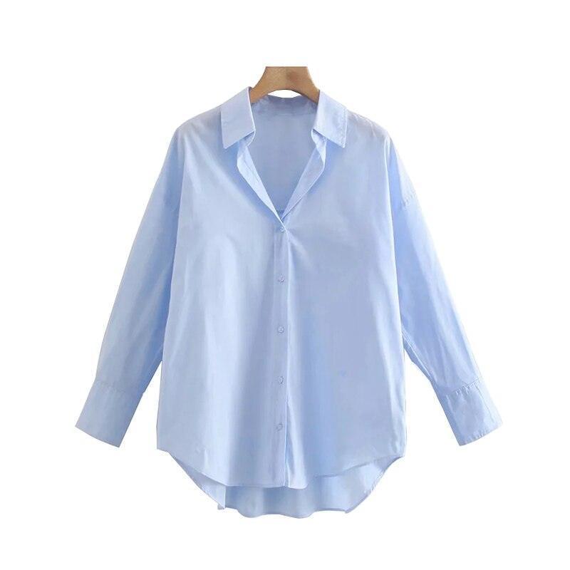 TRAF Women Fashion Loose Asymmetry Poplin Blouses Vintage Long Sleeve Button-up Female Shirts Blusas Chic Tops - HEPSIBAH SHOP