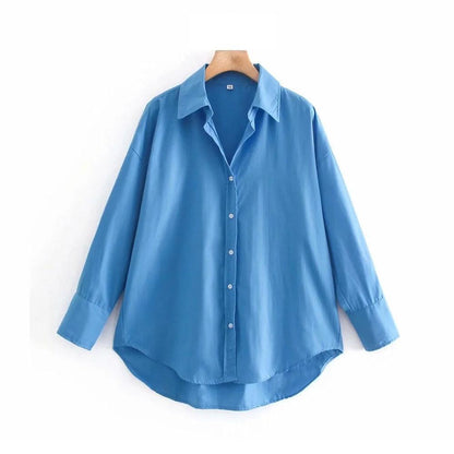 TRAF Women Fashion Loose Asymmetry Poplin Blouses Vintage Long Sleeve Button-up Female Shirts Blusas Chic Tops - HEPSIBAH SHOP