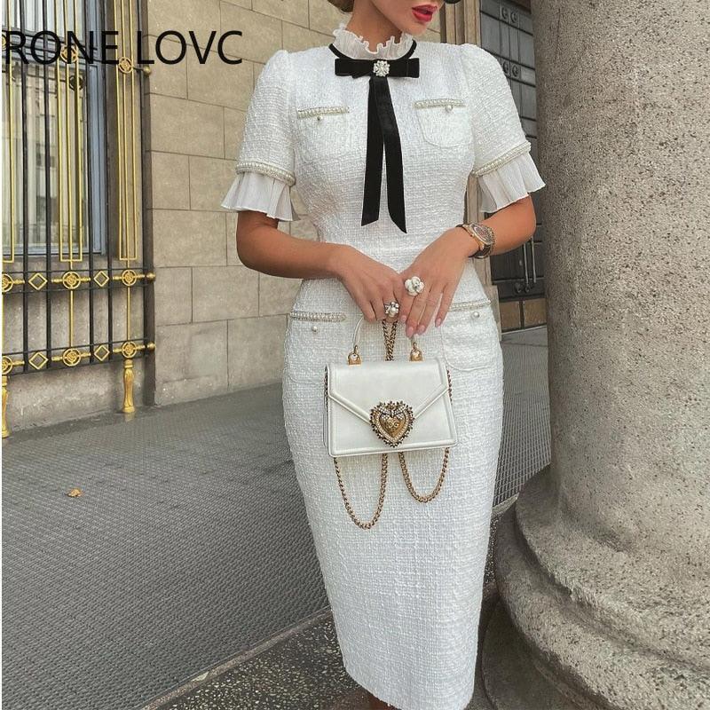 Women Elegant Round Neck Short Sleeves Bow Ruffle Hem Beaded Formal Fragrant Breeze White Dress - HEPSIBAH SHOP