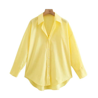 TRAF Women Fashion Loose Asymmetry Poplin Blouses Vintage Long Sleeve Button-up Female Shirts Blusas Chic Tops - HEPSIBAH SHOP